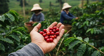 Hand holding freshly harvested coffee beans.