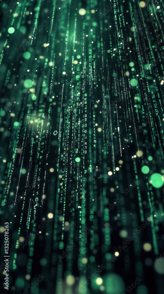 Poster abstract green digital matrix with glowing particles and lines