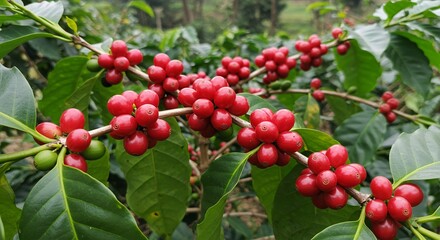 Coffee branches with ripe red cherries.