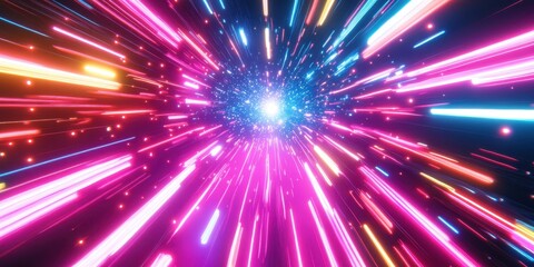 Fototapeta premium Vivid colorful light streaks converge at a central bright glowing spot