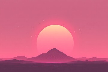 Dreamy Vaporwave Horizon: Mountain Silhouette Beneath a Pastel Sky and Sun