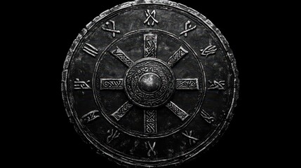 Obraz premium A Circular Metal Shield Adorned With Symbolic Engravings Depicted