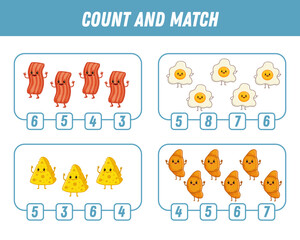 Obraz premium Education game for children count and match of cute Cartoon food character. Activity page. Cartoon cheese, bacon, fried egg, croissant. Vector