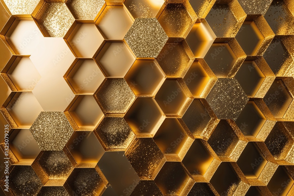 Poster glistening gold background with distinctive hexagonal patterns for elegant banners and graphics