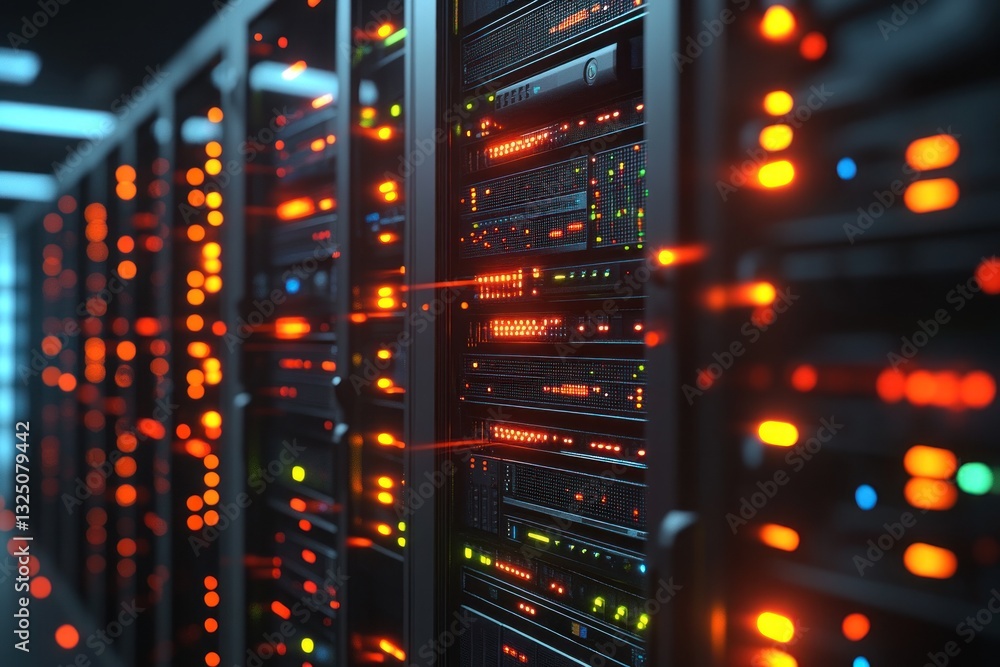 Poster data center with illuminated servers and network activity