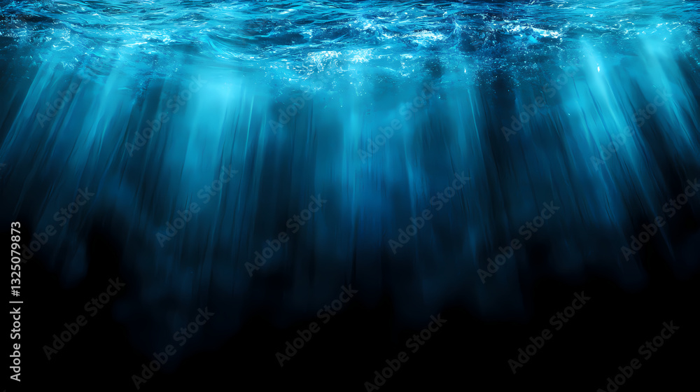 Wall mural abstract image of blue light rays streaming through a dark background, creating a serene and mystica