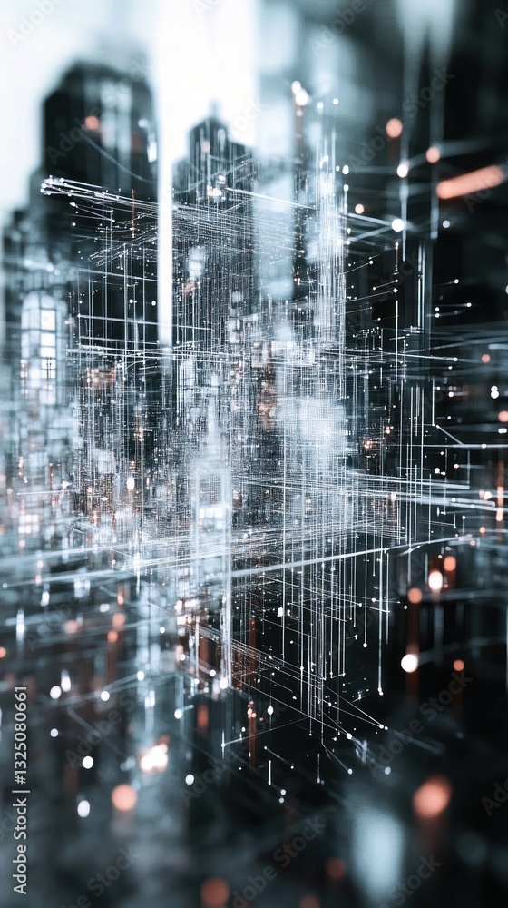 Poster abstract digital cityscape with glowing lines and structures