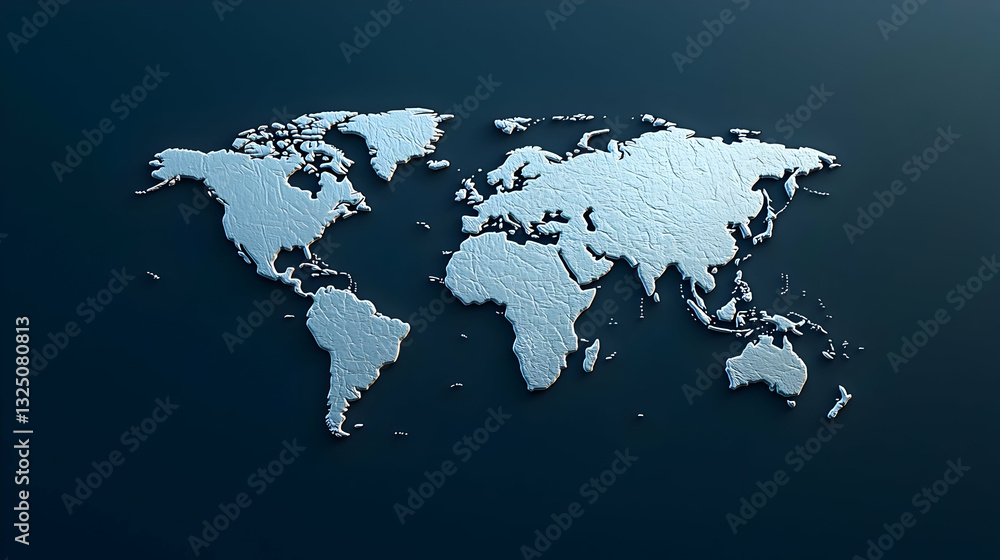 Poster 3d silver world map on a dark blue background representing global connectivity and digital data visu