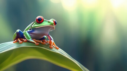 Naklejka premium A vibrantly colored red eyed tree frog rests on a green leaf