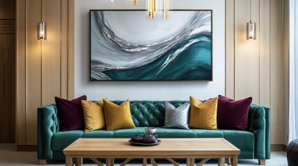 In this living room, contemporary meets Chinese tradition with a luxurious emerald green sofa and a rustic teak coffee table