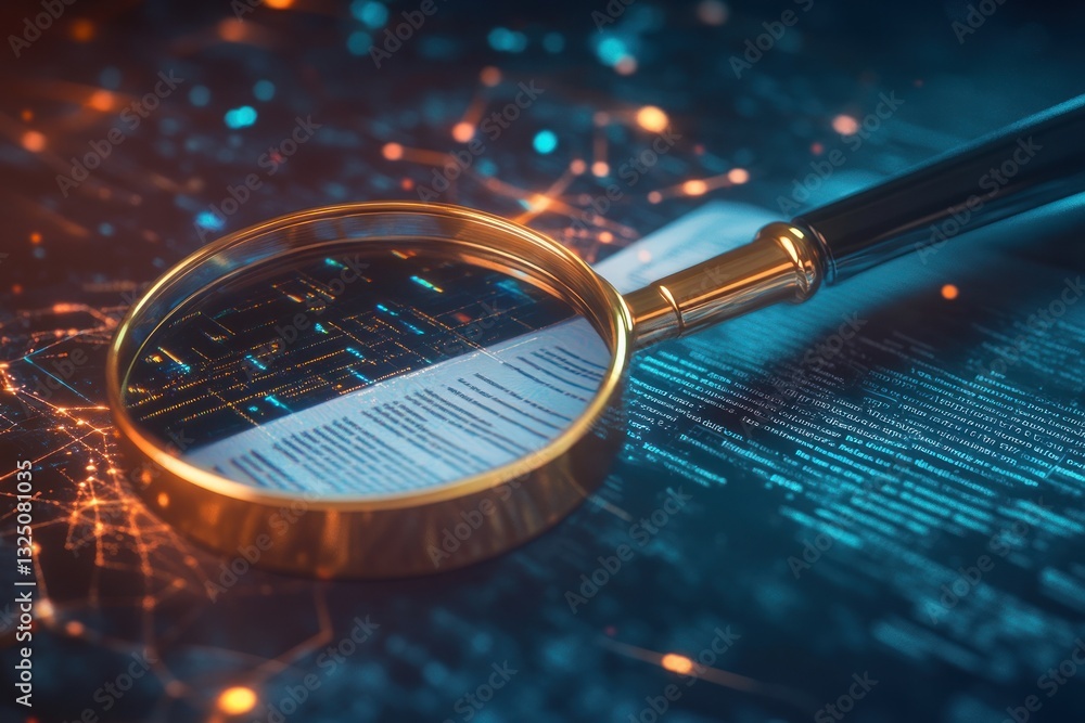 Poster magnifying glass over digital data on a tech background
