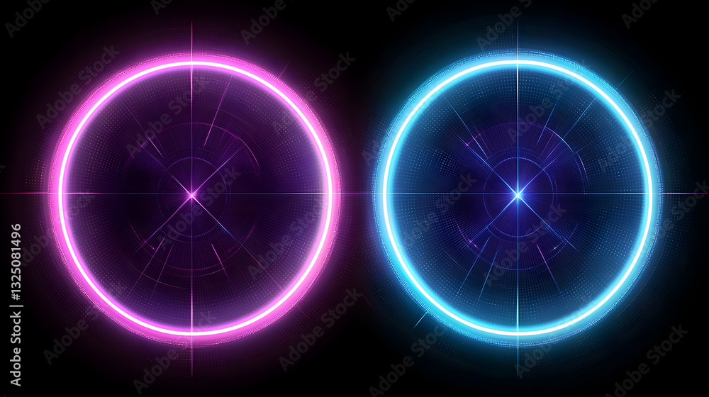 Poster vivid pink and blue neon glowing circles with abstract intricate patterns on a dark background