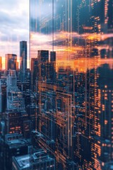 Fototapeta premium City skyline at sunset with digital overlay of data streams