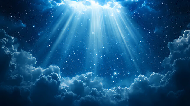 Divine mystical angelic blue background with cloudy sky rays of light and stars. Mystical Rays. Illustration