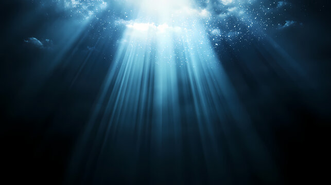 Ethereal light beams piercing through darkness, mystical atmospheric god rays with floating particles, dramatic contrast. Mystical Rays. Illustration