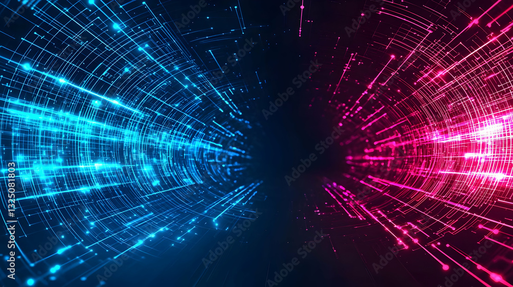 Poster dynamic abstract futuristic digital data flow in pink and blue with perspective lines on a dark back