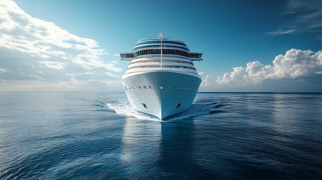 Front view of a large cruise ship sailing on a  sunny day with blue skies and calm ocean waters. Travel and leisure.