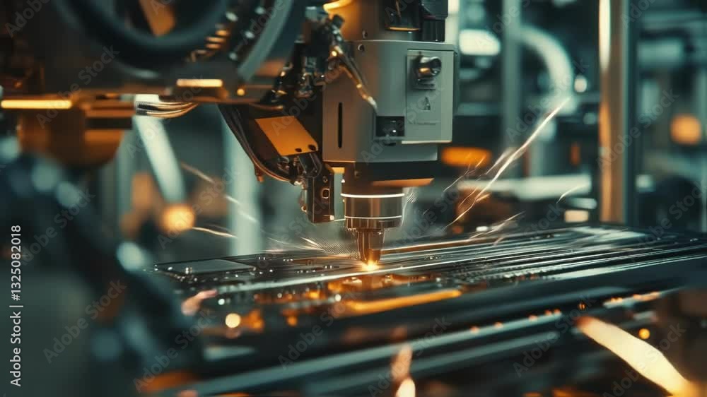 Poster in a technologically advanced factory, a robotic arm precisely assembles a circuit board, showcasing