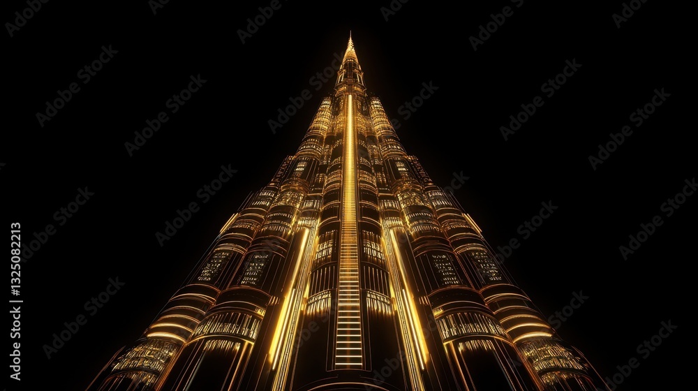 Poster the illuminated skyscraper is viewed from a low angle perspective