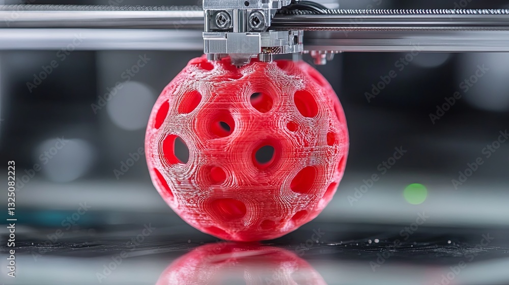 Poster 3d printer creating a red spherical object with holes during a manufacturing process at a technology