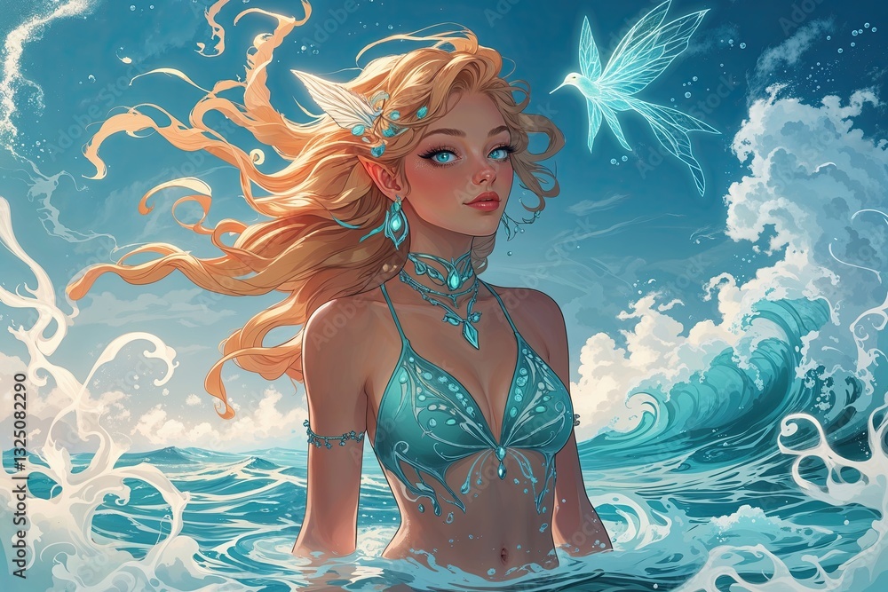 Poster refreshing ocean breeze with enchanting mist and lively patterns