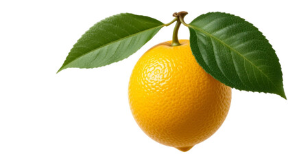range fruit with a natural texture, attached to a green leaf