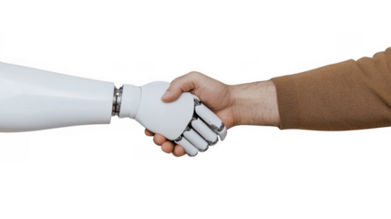 Human and robotic hand shaking in a gesture of cooperation and connection showcasing advancements in technology and human-robot interaction