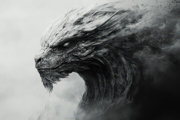 A majestic dragon profile emerges from the mist elegantly