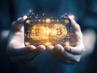 Digital Wallet with Glowing Currency Symbols in Hands