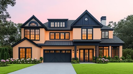 The exterior of a two-story modern farmhouse with matte black trim and oversized windows