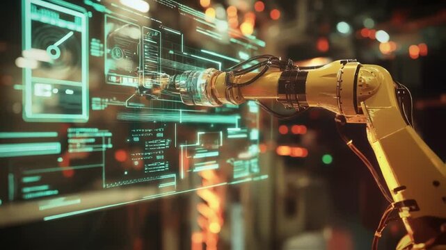 Modern robotic arm manipulating holographic interface displaying complex data and schematics, enhancing efficiency and precision in an advanced automated factory setting