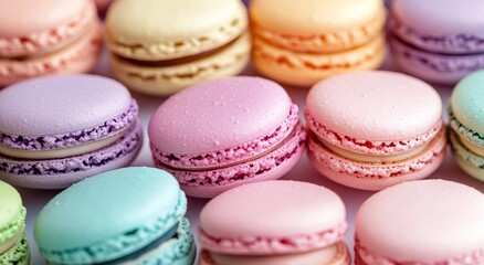 Obraz premium A delightful close-up shot of pastel-colored macarons. These delicate French treats are arranged artfully, showcasing their vibrant hues and textures.