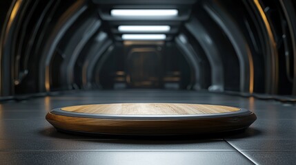 Futuristic circular platform in a sleek corridor.