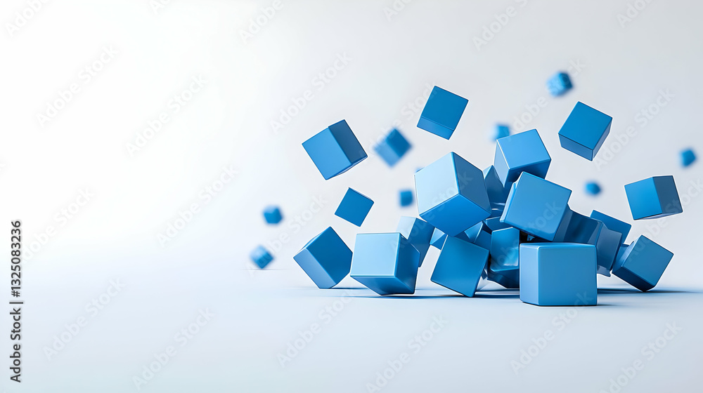 Poster dynamic arrangement of light blue cubes scattered and stacked on a plain blue surface with bright st