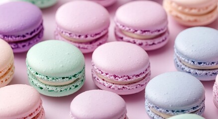 Obraz premium Pastel-colored macarons arranged on a pink surface. A delightful treat for the eyes!