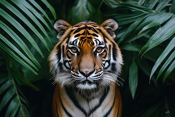 Tiger portrait, face forward, framed by lush green foliage, emphasizing its intense gaze and powerful presence.