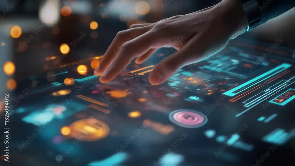 Poster engineer's hands manipulating digital data on transparent futuristic display, revealing cutting edge