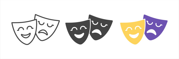 Set of Theater Masks Icon. Drama and Comedy Emotions Symbols. Masquerade, Festive, Performance Emblem.  Vector illustration on white background