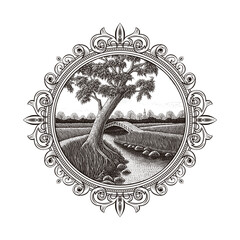 Illustration of river landscape rustic, River bank with bridge badge luxuri and trees. Design template vector