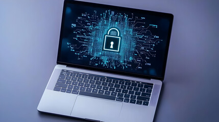 Laptop Displaying Glowing Padlock Icon With Blue Binary Code Background Representing Data Security and Online Protection
