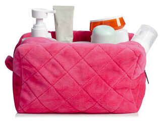 Pink toiletries bag. bath accessories, cosmetics, body care on white background isolation