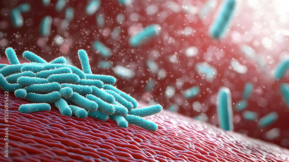 Poster microscopic view of cyanobacteria colonizing a textured red surface with other microbes in the backg