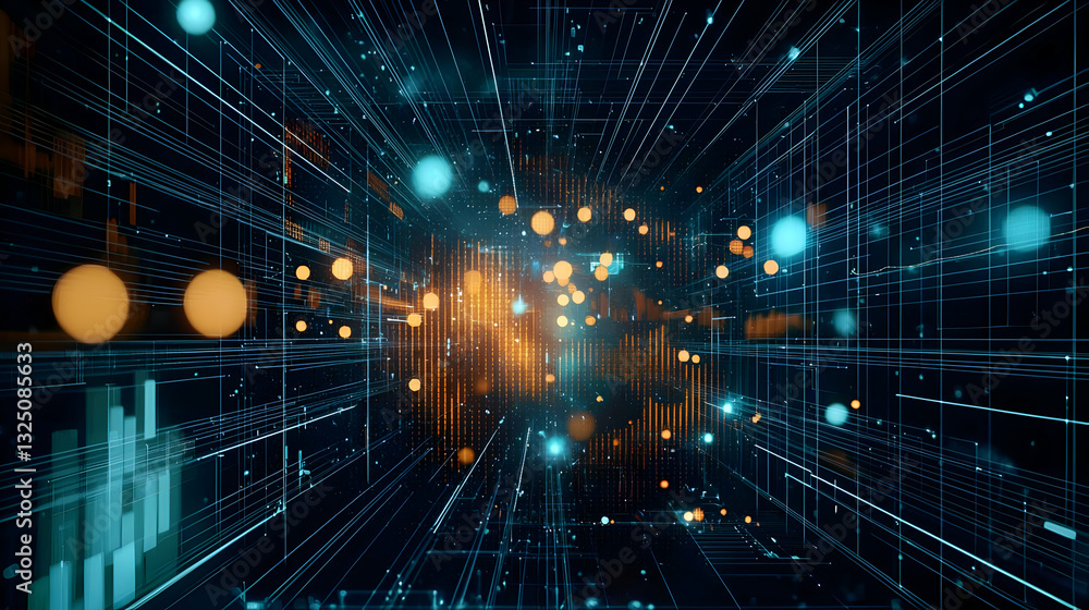 Aufkleber 3d rendered futuristic digital cyberspace with glowing orange and blue particles flowing in a struct