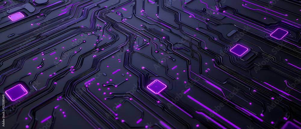 Poster purple futuristic circuit board background with glowing lines and dark background render in 3d