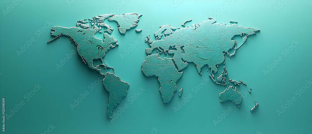 Poster three dimensional world map on turquoise background with intricate detailing and soft lighting