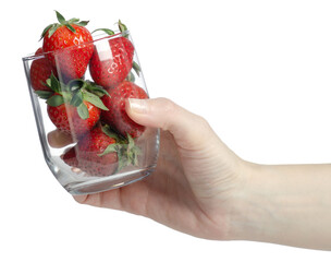Hand holding glass of fresh strawberries on white background isolation