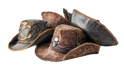 Set of pirate hats, cut out. Isolated on a transparent background.