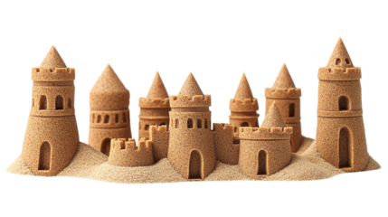 Set of sand castles cut out. Isolated on a transparent background.