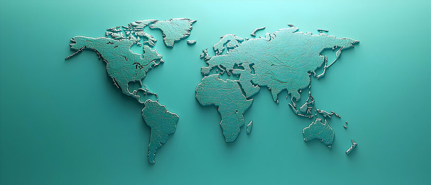 Three Dimensional World Map On Turquoise Background With Intricate Detailing And Soft Lighting