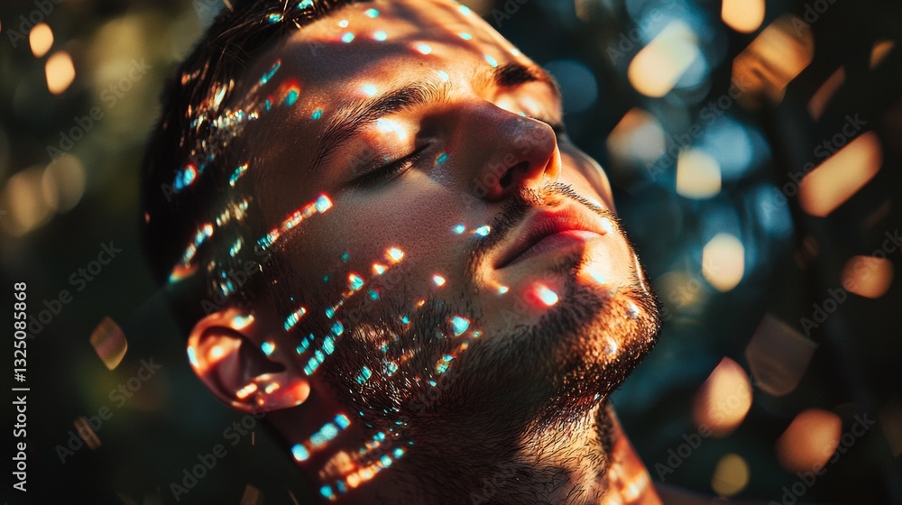 Aufkleber man illuminated by golden light and floating particles